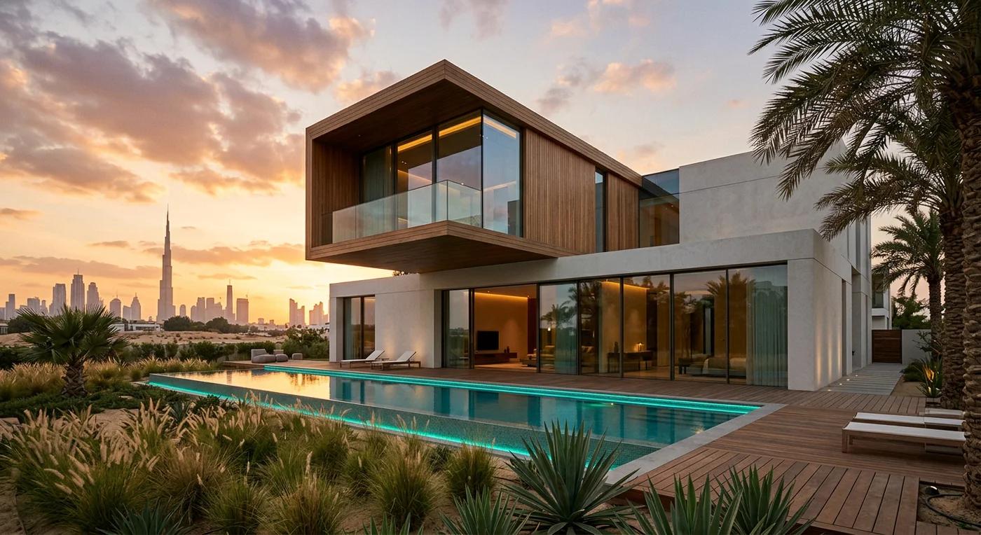 Contemporary Dubai villa with stone elevations and a reflecting pool at golden hour